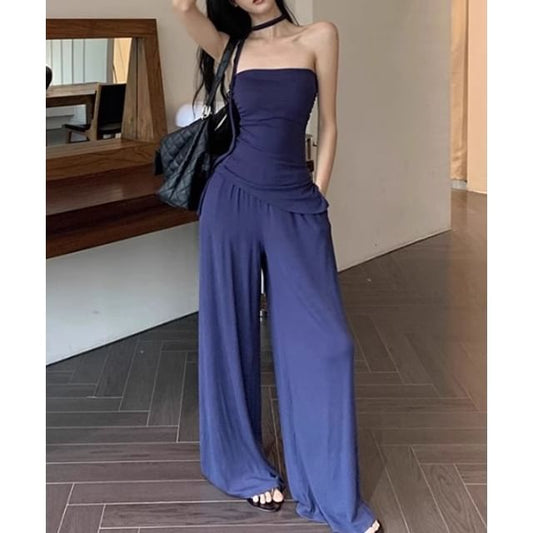 Leg Wide Tube Plain Top Waist Strapless Drawstring Pants /