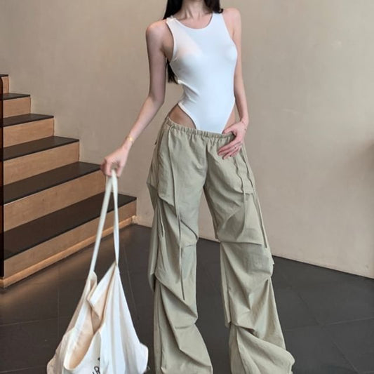 Top Neck Plain Sleeveless / Low Wide Waist Leg Pants Round Ruched Bodysuit