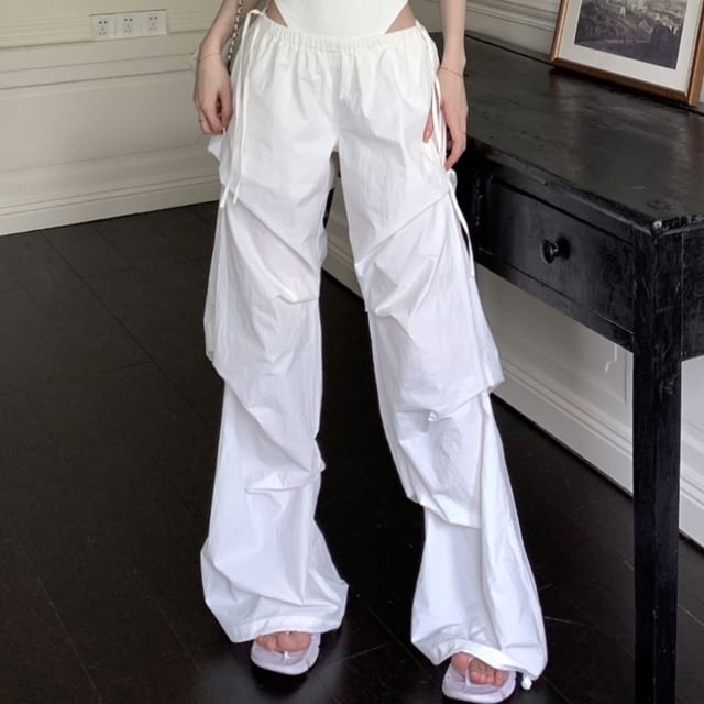 Top Neck Plain Sleeveless / Low Wide Waist Leg Pants Round Ruched Bodysuit