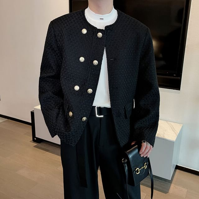 Round Neck Plain Tweed Double Breasted Jacket