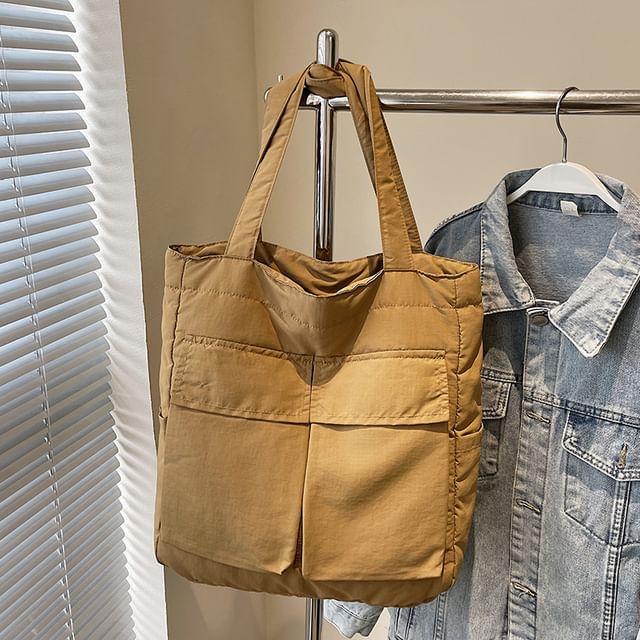 Tote Plain Flap Fabric Bag Pocket