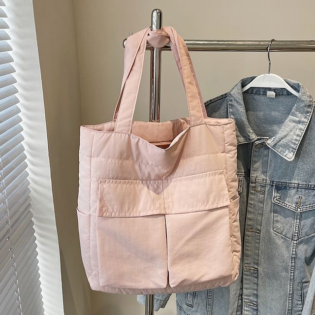 Tote Plain Flap Fabric Bag Pocket