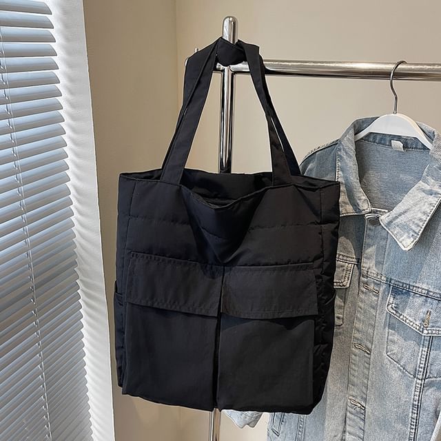 Tote Plain Flap Fabric Bag Pocket