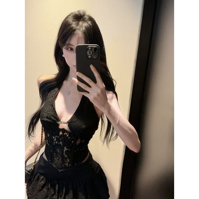 Halter Lace Bustier Top with Mid-Rise Mini Flared Skirt