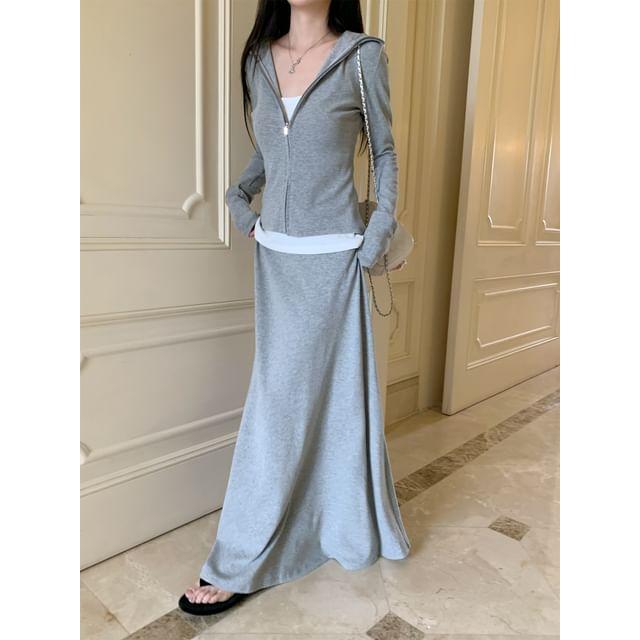 Zip-Up Hoodie with High-Rise Maxi Flared Skirt