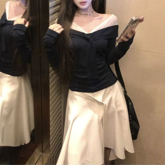 V-Neck Knotted Two-Piece Top with Asymmetric Midi Flared Skirt