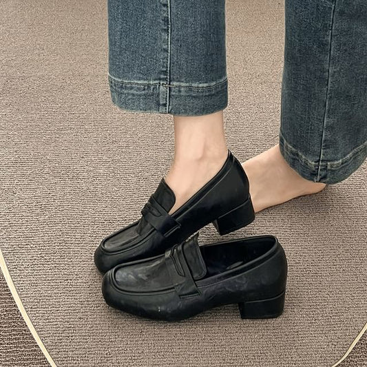 Chunky Plain Penny Leather Heel Faux Loafers