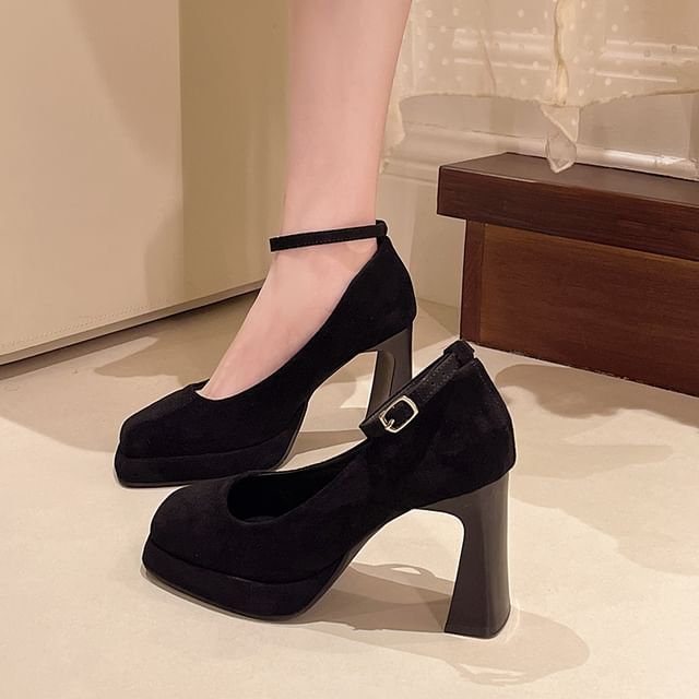 Chunky Toe Strap Plain Pumps Ankle Heel Square