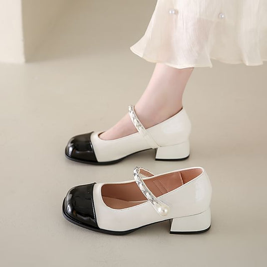 Chunky Heel Pumps Mary Jane Faux Accent Toe Pearl Cap