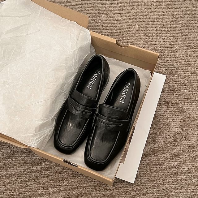 Chunky Plain Penny Leather Heel Faux Loafers