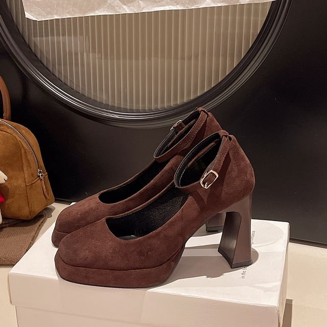 Chunky Toe Strap Plain Pumps Ankle Heel Square