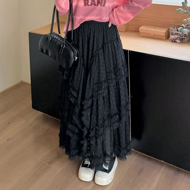 Flowing Lace-Trimmed Maxi Flared Skirt with Elevated Waistband