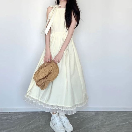 A-Line Maxi Dress Panel Sleeveless Plain Bow Mesh Neck Round