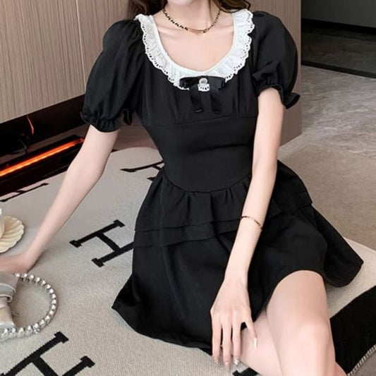 Bow Ruffle Sleeve Mini Dress Puff Neck Round A-Line