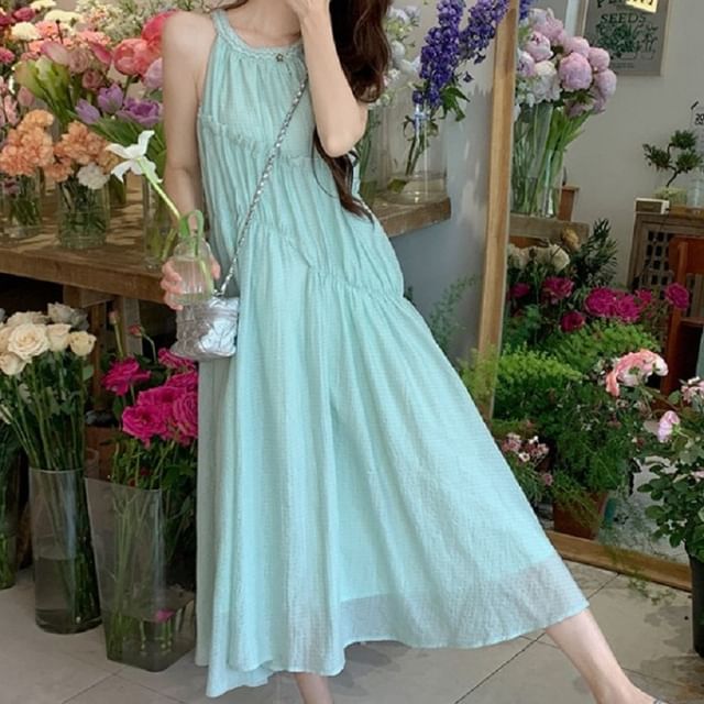 A-Line Sleeveless Neck Dress Midi Round Panel Plain