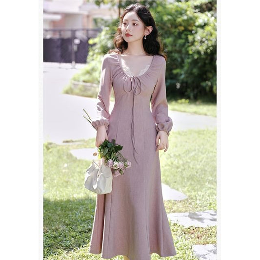 Tie Front Scoop Neck Long Sleeve A-Line Maxi