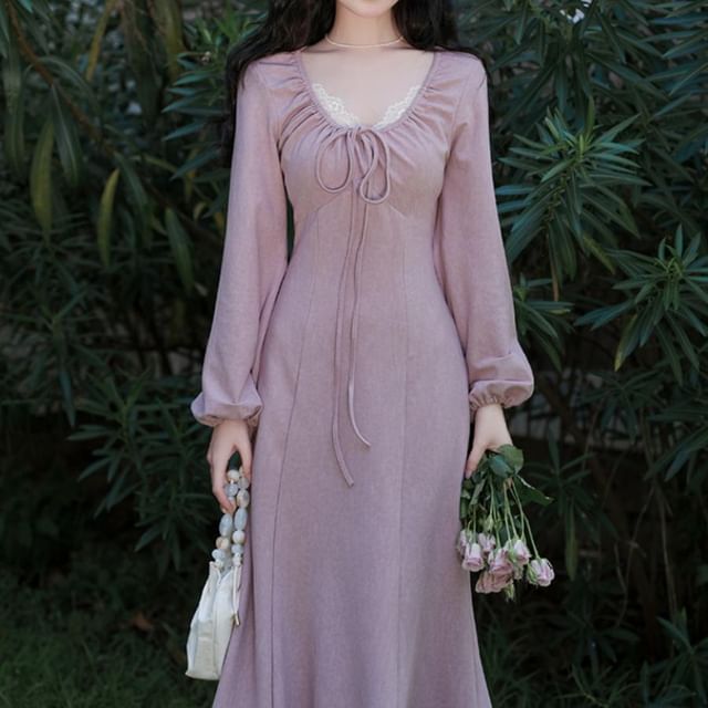 Tie Front Scoop Neck Long Sleeve A-Line Maxi
