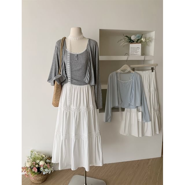 Set: Sheer Crop Cardigan, Cami Top & High-Rise Maxi A-Line Skirt