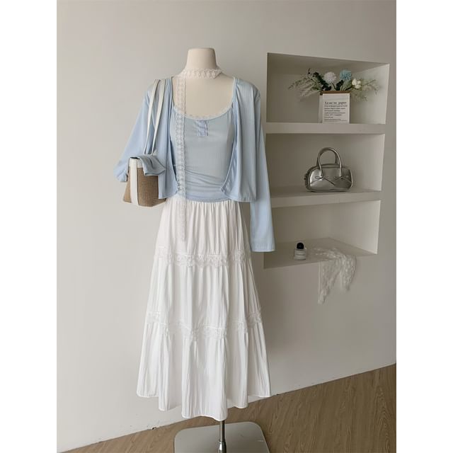 Set: Sheer Crop Cardigan, Cami Top & High-Rise Maxi A-Line Skirt