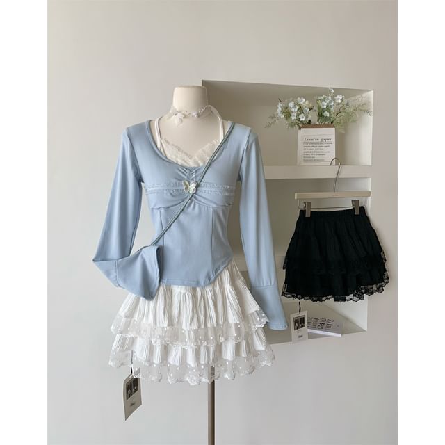 Tiered Mini Skirt with Lace Detail and Low-Rise Waist