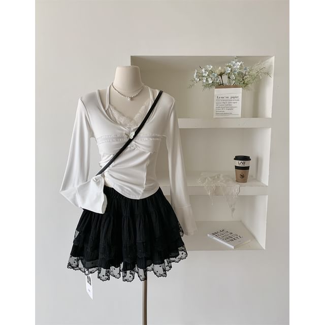 Tiered Mini Skirt with Lace Detail and Low-Rise Waist