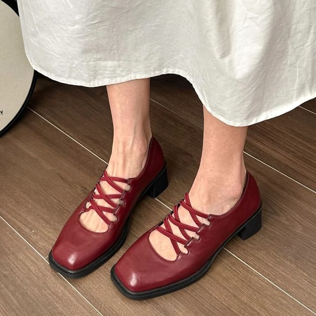 Plain Pumps Toe Heel Lace-Up Chunky Square Jane Mary