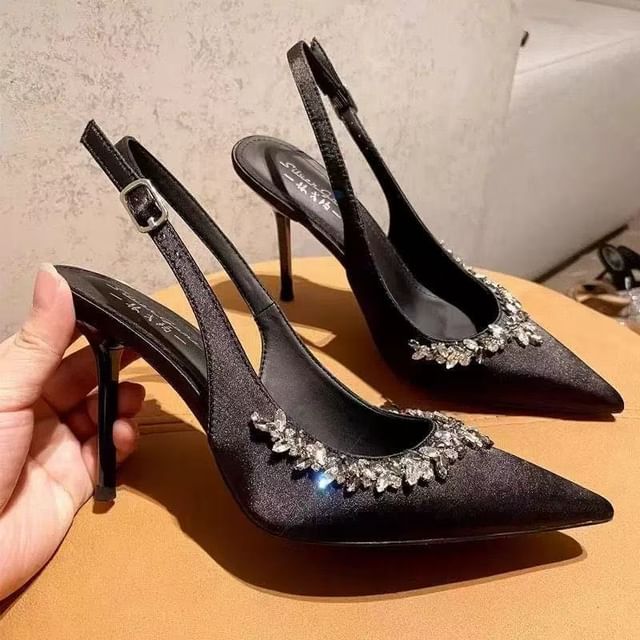 Stiletto Slingback Sandals Pointed Heel Rhinestone Toe