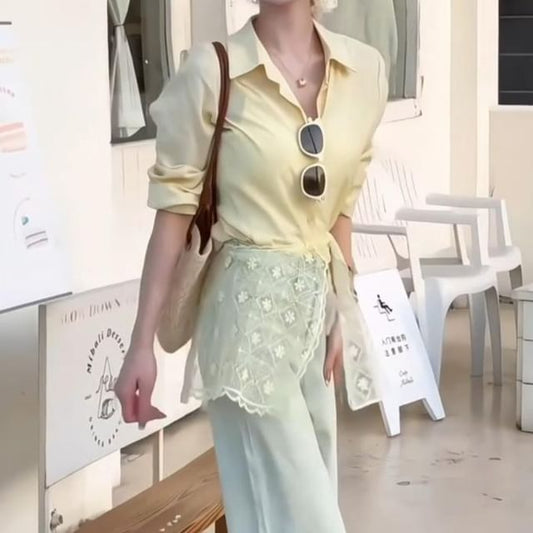 Lace Panel Sleeve Shirt Collared Long Plain Trim