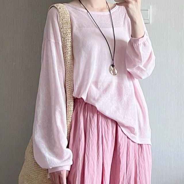 Neck Top Plain Round Long-Sleeve