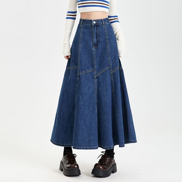 Washed Denim Flared Midi Skirt with High Waist