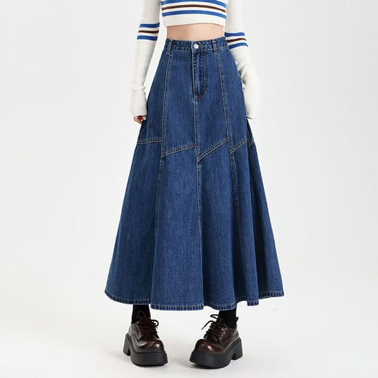 Washed Denim Flared Midi Skirt with High Waist