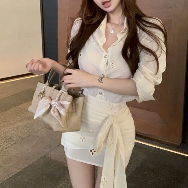 Embroidered High Bow Long-Sleeve Skirt Mini Pencil Flower Ruched / Shirt Rise