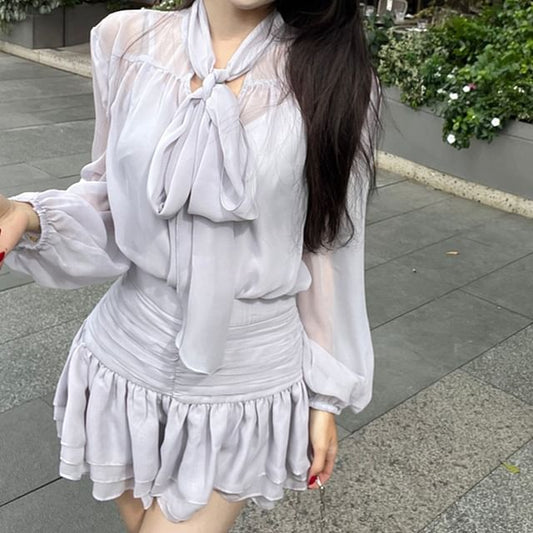 Puff-Sleeve / Cami A-Line Blouse Tie-Neck Rise Skirt Mini High Set Top Plain