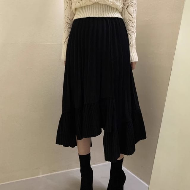 Asymmetrical A-Line Midi Skirt with High Waist