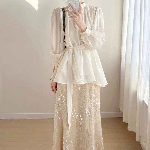 Long-Sleeve Collared Crepe Blouse Paired with Sequin Flared Midi Skirt
