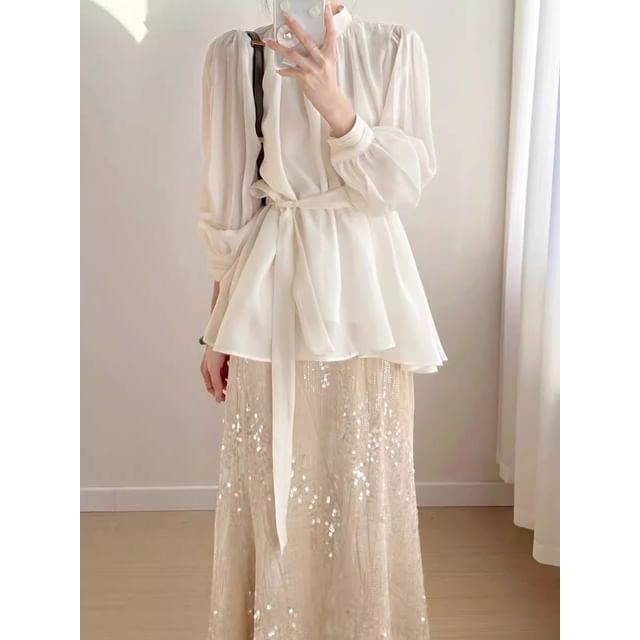 Long-Sleeve Collared Crepe Blouse Paired with Sequin Flared Midi Skirt