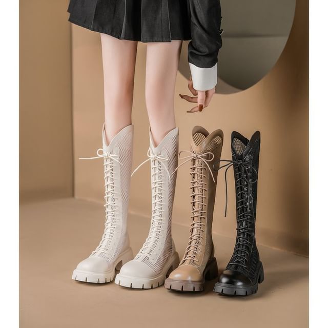 Panel Tall Platform Lace-Up Mesh Boots