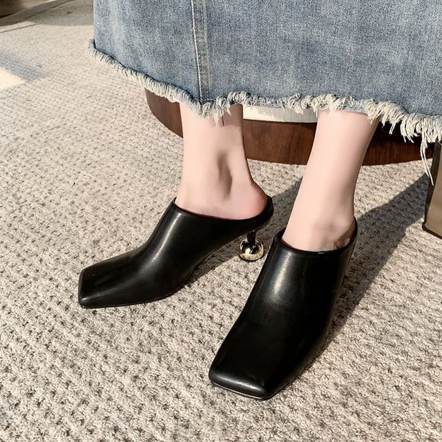 High Heel Square Toe Plain Faux Leather Mules