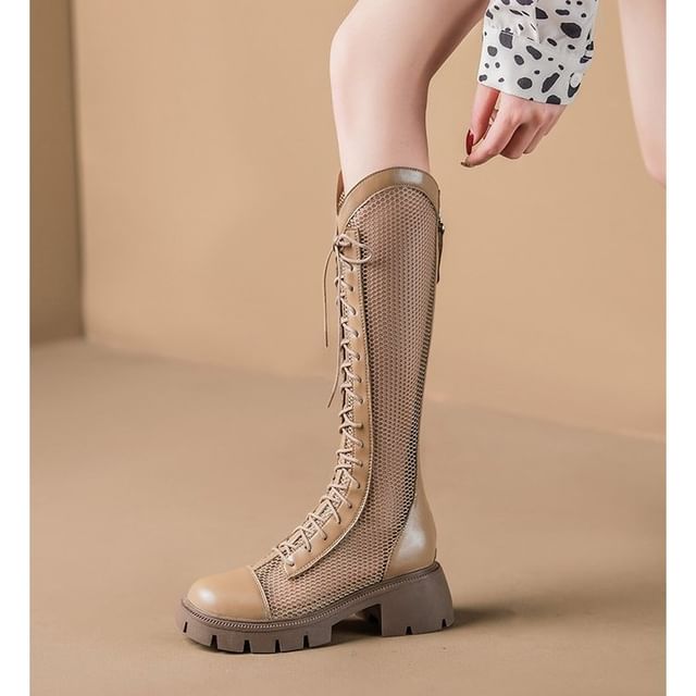 Panel Tall Platform Lace-Up Mesh Boots