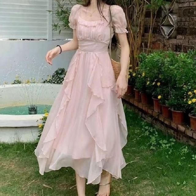 Short Sleeve Scoop Neck Plain Maxi A-Line Dress