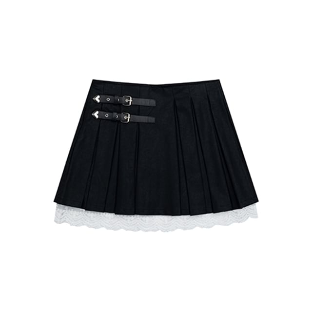 Two-Tone Buckled Pleated Lace Trim Mini A-Line Skirt with High Waist