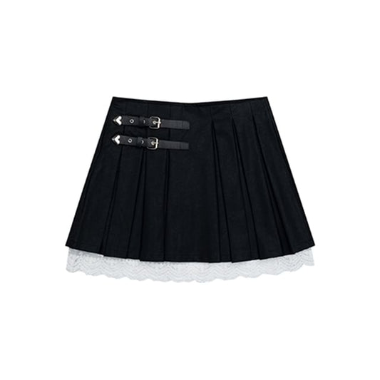 Two-Tone Buckled Pleated Lace Trim Mini A-Line Skirt with High Waist