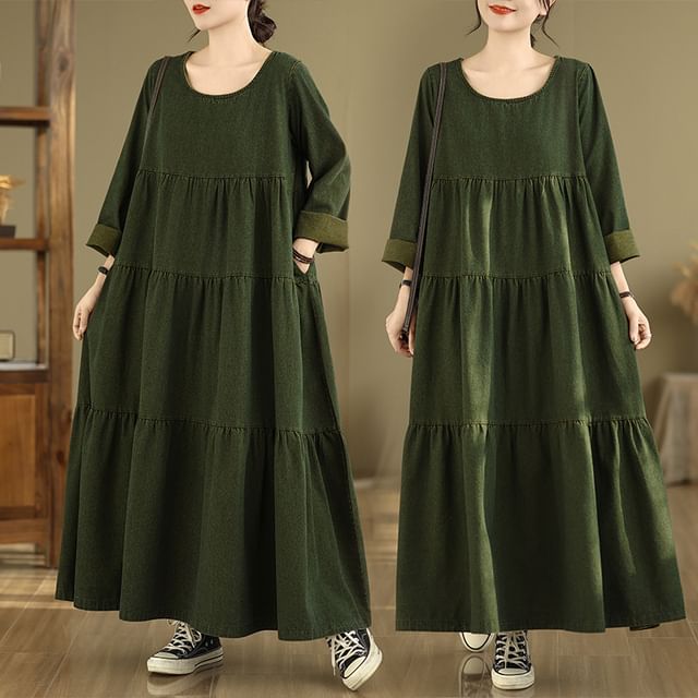 U-Neck Long Sleeve A-Line Maxi Dress