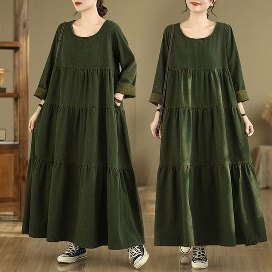 U-Neck Long Sleeve A-Line Maxi Dress