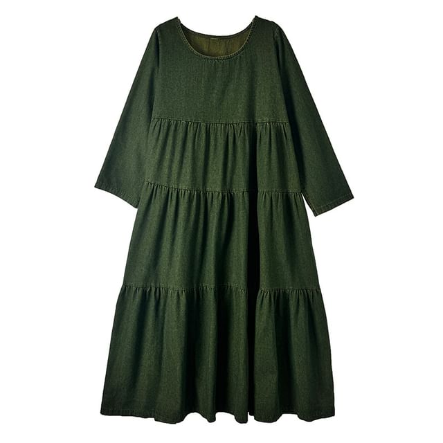 U-Neck Long Sleeve A-Line Maxi Dress