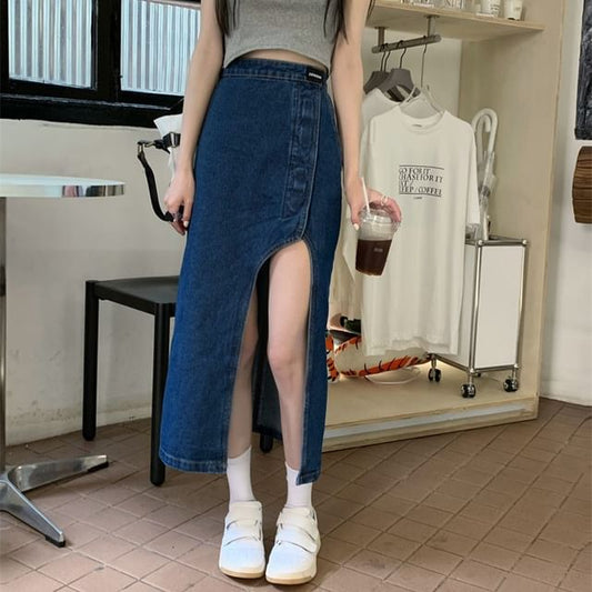 Denim Washed Skirt Midi High Asymmetrical Rise Pencil