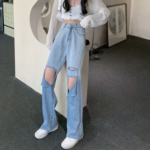 Wide Leg Distressed Gradient Washed Waist High Jeans