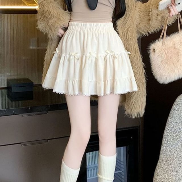 Waist Elastic Bow Skirt Ruffle A-Line Mini Plain