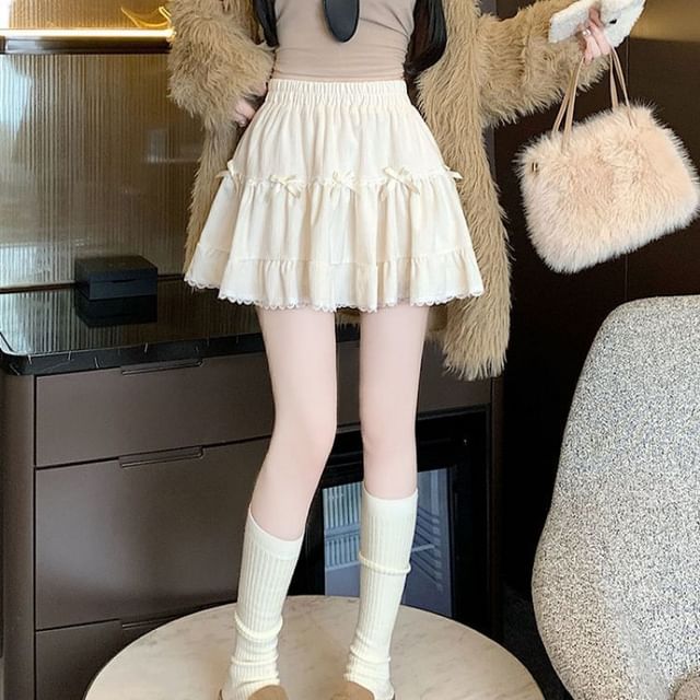 Waist Elastic Bow Skirt Ruffle A-Line Mini Plain