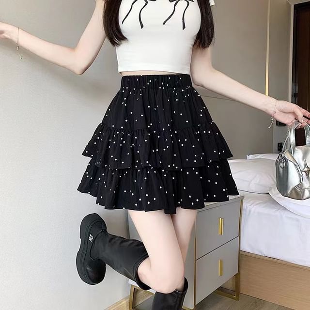 Polka-Dot Mini Flared Skirt with Ruffled Hem and Stretch Waist